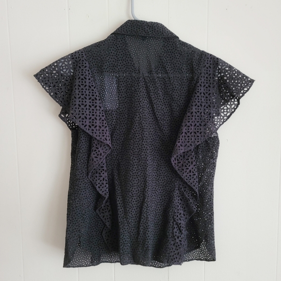 Theory Nova Black Eyelet Button-Up Ruffle Top - Picture 3 of 4